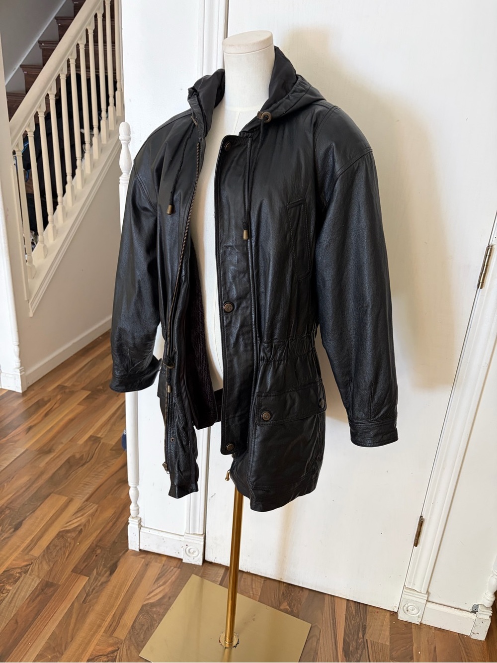 Classic Black Leather Hooded Jacket